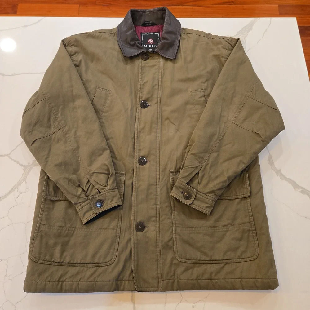 VTG Adolfo Mens Leather Collar Full Zip Chore Barn Coat Green Size Medium